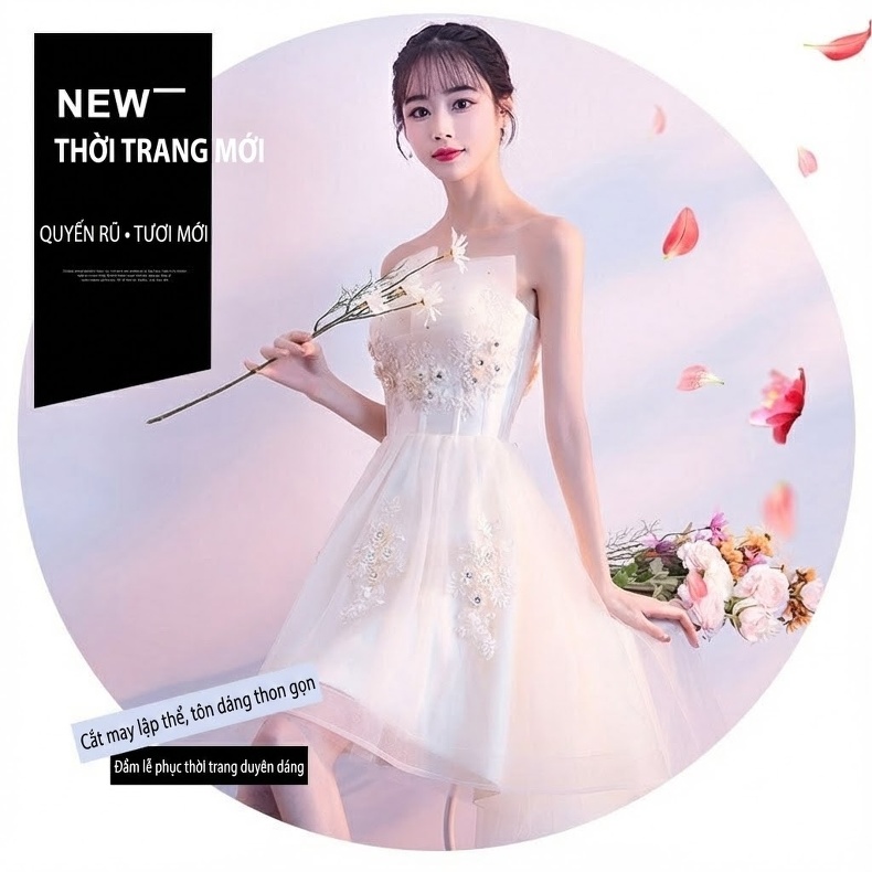 Váy Dạ Hội Nữ Dáng Ngắn Xòe Dự Tiệc Thiết Kế Thanh Lịch Màu Trắng Kem, Xám Xanh chi tiết 1