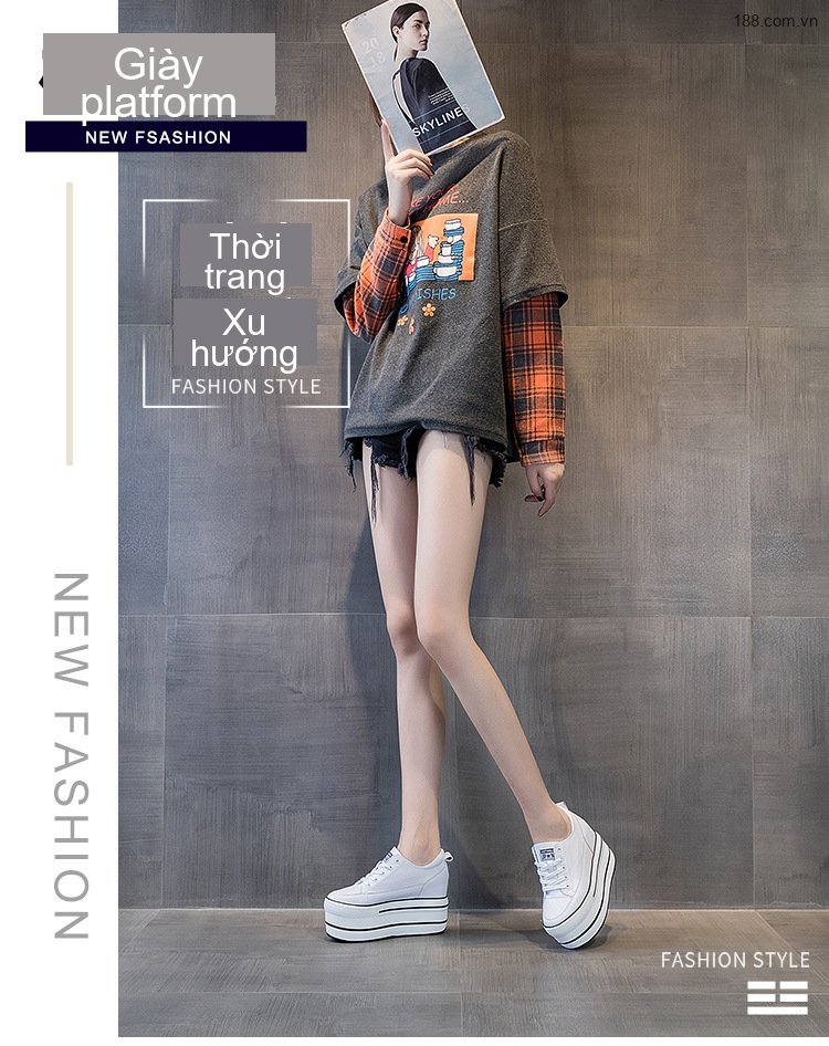 Giày Thể Thao Nữ Đế Bánh Mì Dây Buộc Tăng Chiều Cao 7.5cm Màu Trắng, Đen chi tiết 1
