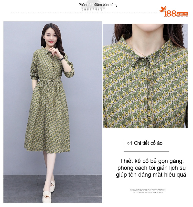Váy A Dáng Dài Tay Dài Họa Tiết Hoa Nhỏ Dáng Rộng Màu Xanh Rêu, Tím chi tiết 3