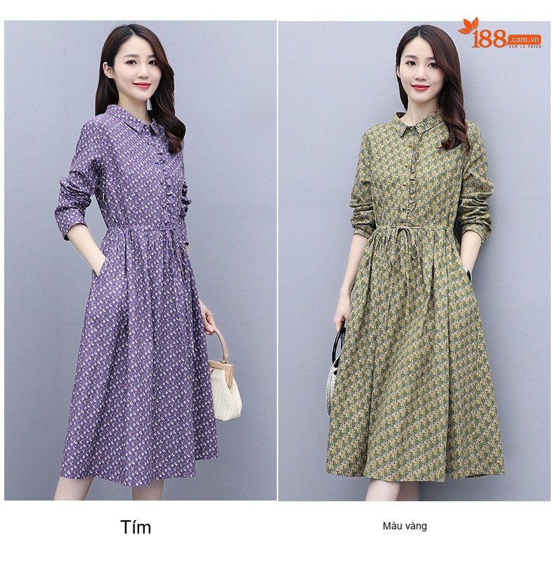 Váy A Dáng Dài Tay Dài Họa Tiết Hoa Nhỏ Dáng Rộng Màu Xanh Rêu, Tím chi tiết 8