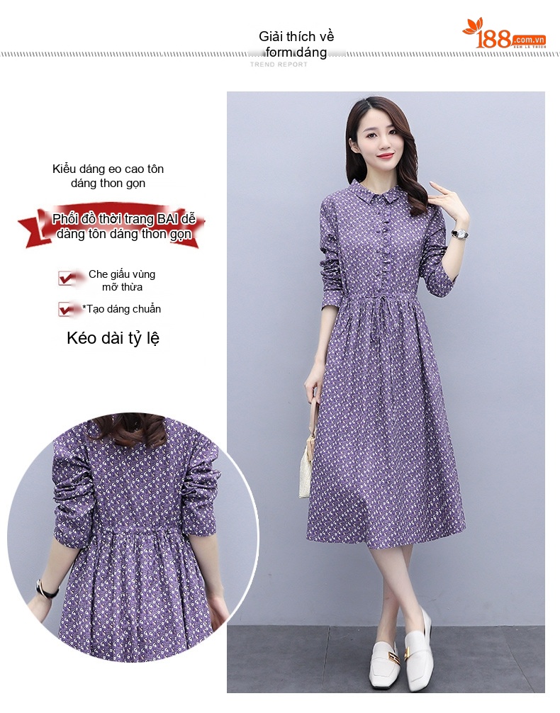 Váy A Dáng Dài Tay Dài Họa Tiết Hoa Nhỏ Dáng Rộng Màu Xanh Rêu, Tím chi tiết 6