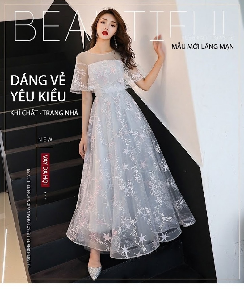 Váy Dạ Hội Lưới Ren Dáng Dài Thướt Tha Màu Xám chi tiết 1