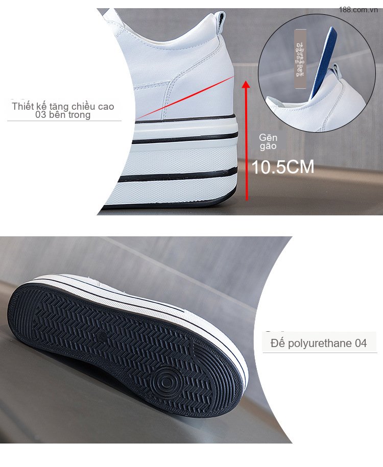 Giày Thể Thao Nữ Đế Bánh Mì Dây Buộc Tăng Chiều Cao 7.5cm Màu Trắng, Đen chi tiết 7