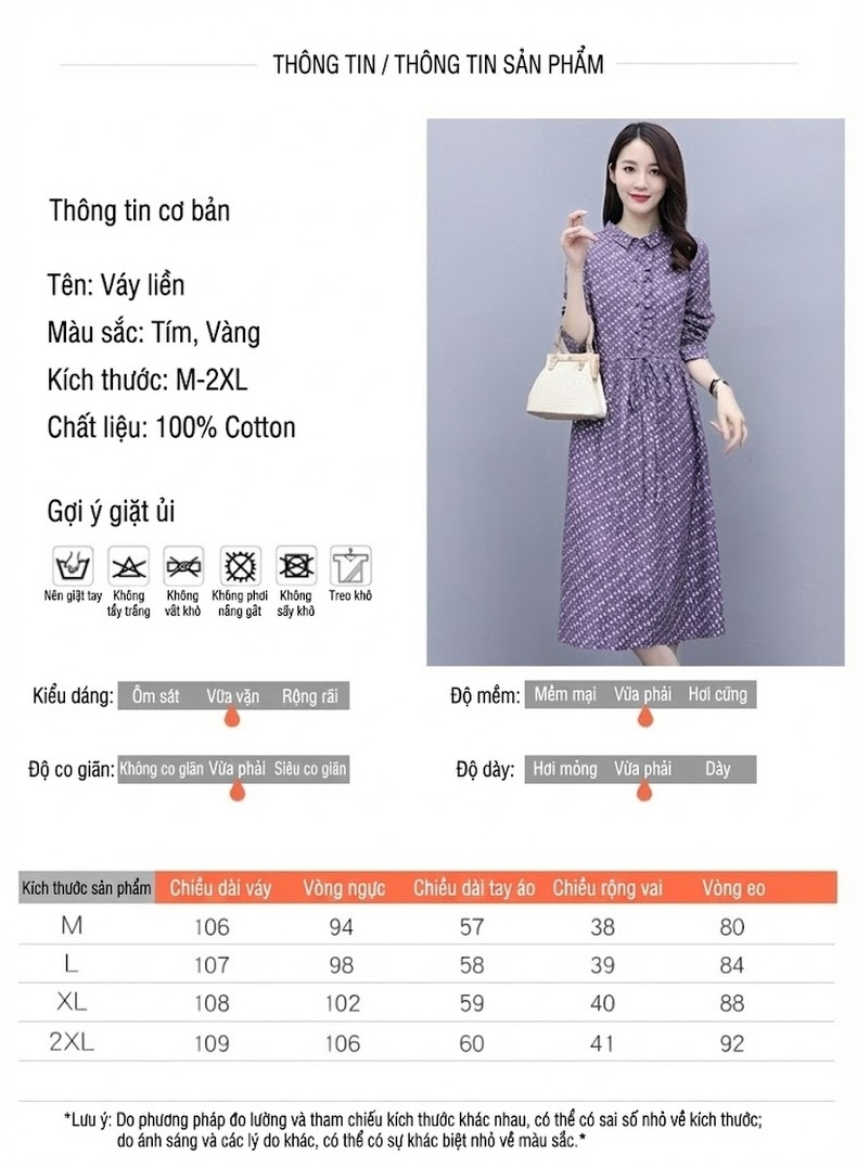 Váy A Dáng Dài Tay Dài Họa Tiết Hoa Nhỏ Dáng Rộng Màu Xanh Rêu, Tím chi tiết 7