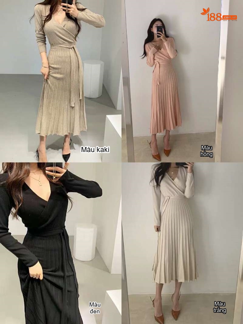 Váy Dệt Kim Dài Tay Cổ chữ V Chéo Eo Thon Dáng Xòe Màu Đen, Be, Nâu chi tiết 1
