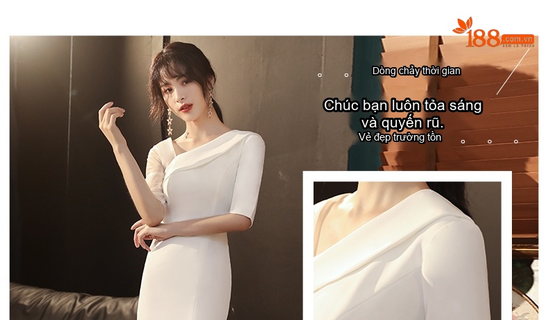 Váy Dạ Hội Dáng Dài Hở Vai Xẻ Tà Phong Cách Quý Cô Màu Trắng chi tiết 5