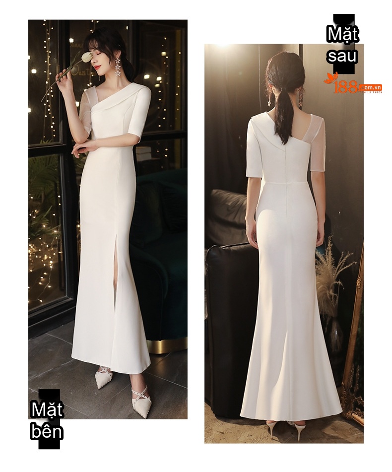 Váy Dạ Hội Dáng Dài Hở Vai Xẻ Tà Phong Cách Quý Cô Màu Trắng chi tiết 8