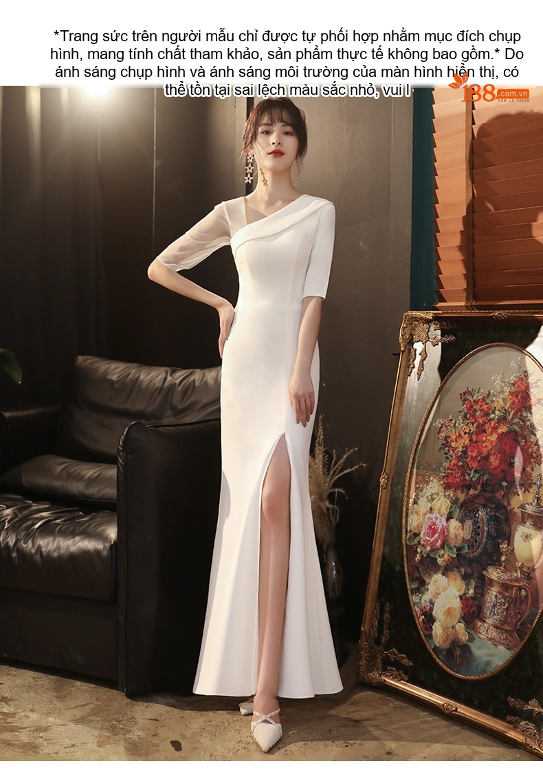 Váy Dạ Hội Dáng Dài Hở Vai Xẻ Tà Phong Cách Quý Cô Màu Trắng chi tiết 14