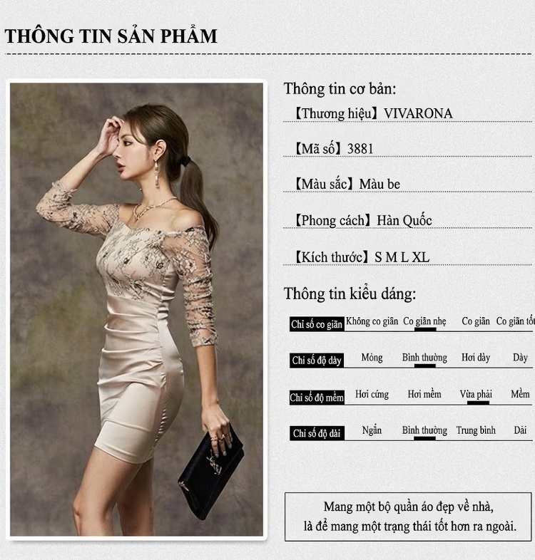 Váy Ôm Body Nữ Cổ Trễ Vai Ren Tay Lỡ Thanh Lịch Màu Be chi tiết 3