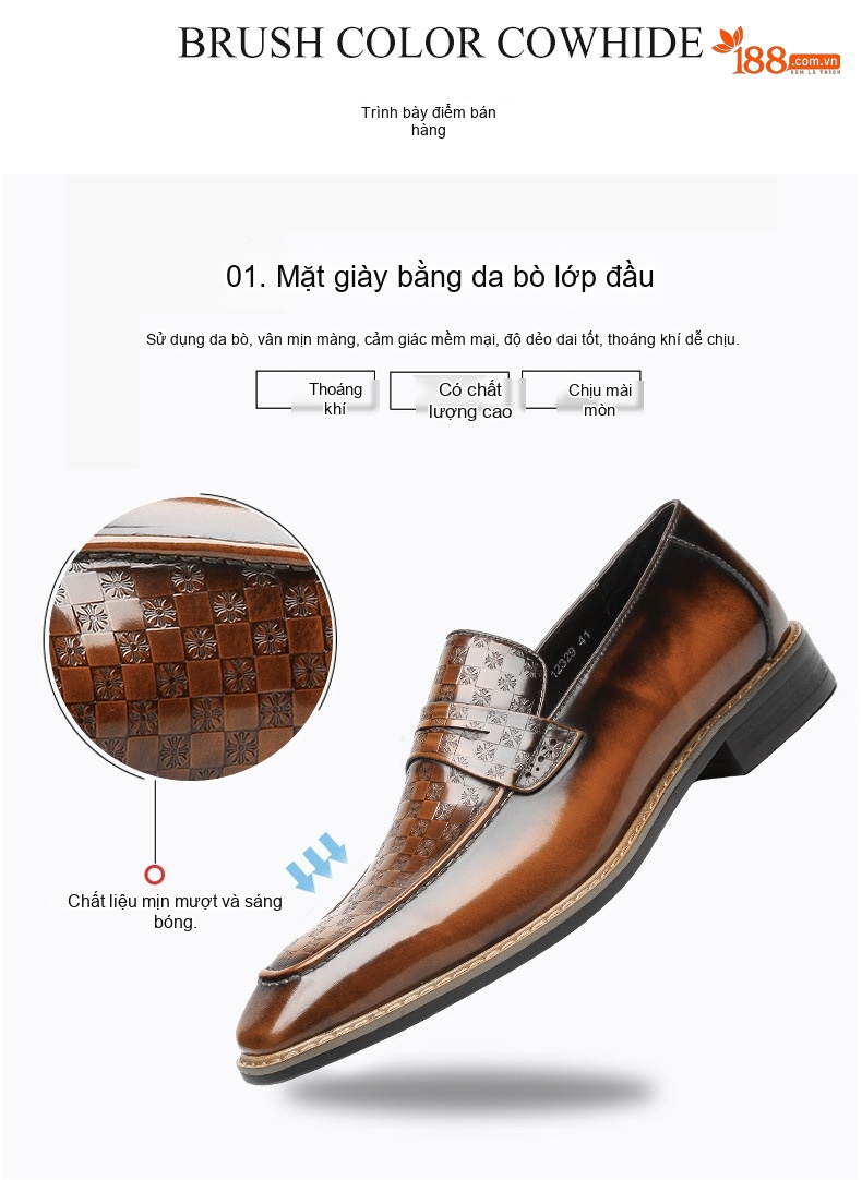 Giày Lười Nam Da Bóng Dập Vân Chiều Cao Đế Khoảng 3cm Màu Đen, Nâu chi tiết 1