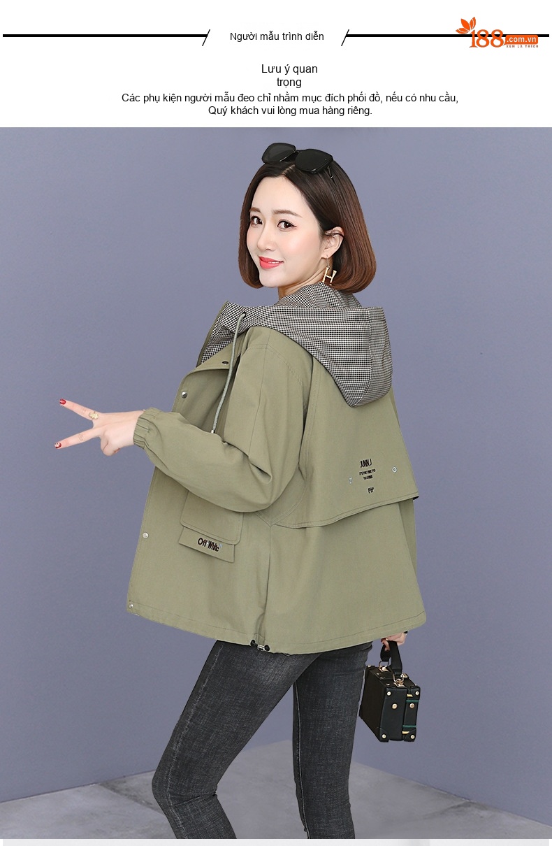 Áo Khoác Gió Nữ Dáng Ngắn Có Mũ Trùm Đầu Dáng Rộng Phong Cách Hàn Quốc Màu Xanh Olive, Nâu Đỏ, Vàng Be chi tiết 8