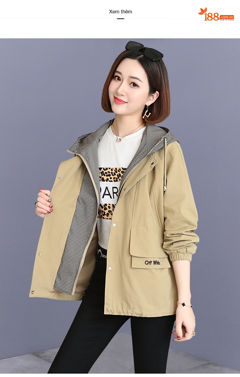 Áo Khoác Gió Nữ Dáng Ngắn Có Mũ Trùm Đầu Dáng Rộng Phong Cách Hàn Quốc Màu Xanh Olive, Nâu Đỏ, Vàng Be chi tiết 12
