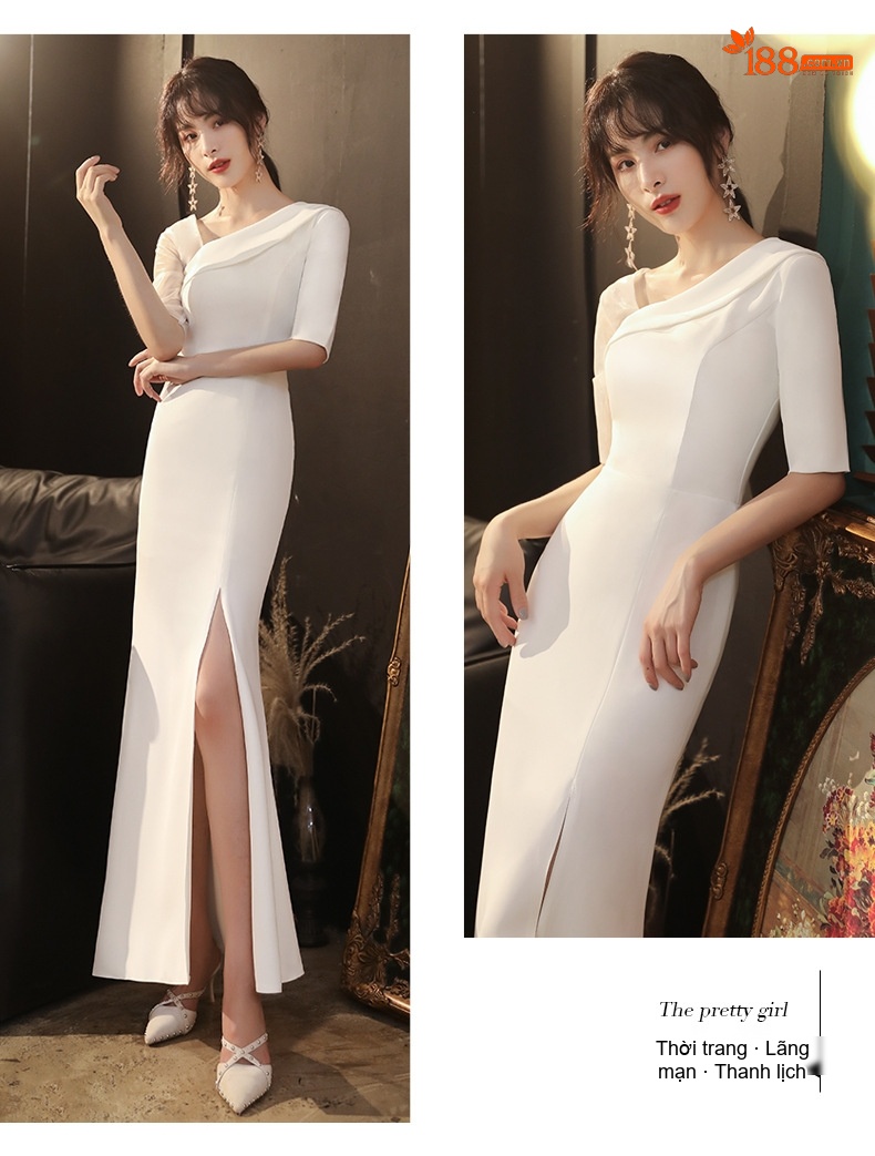 Váy Dạ Hội Dáng Dài Hở Vai Xẻ Tà Phong Cách Quý Cô Màu Trắng chi tiết 19
