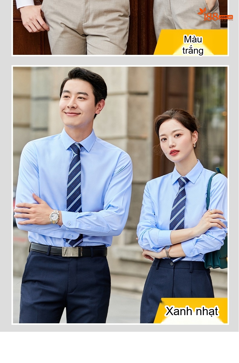 Áo Sơ Mi Dài Tay Nam Nữ Cotton Chống Nhăn Thêu Logo Màu Xanh Lam chi tiết 20