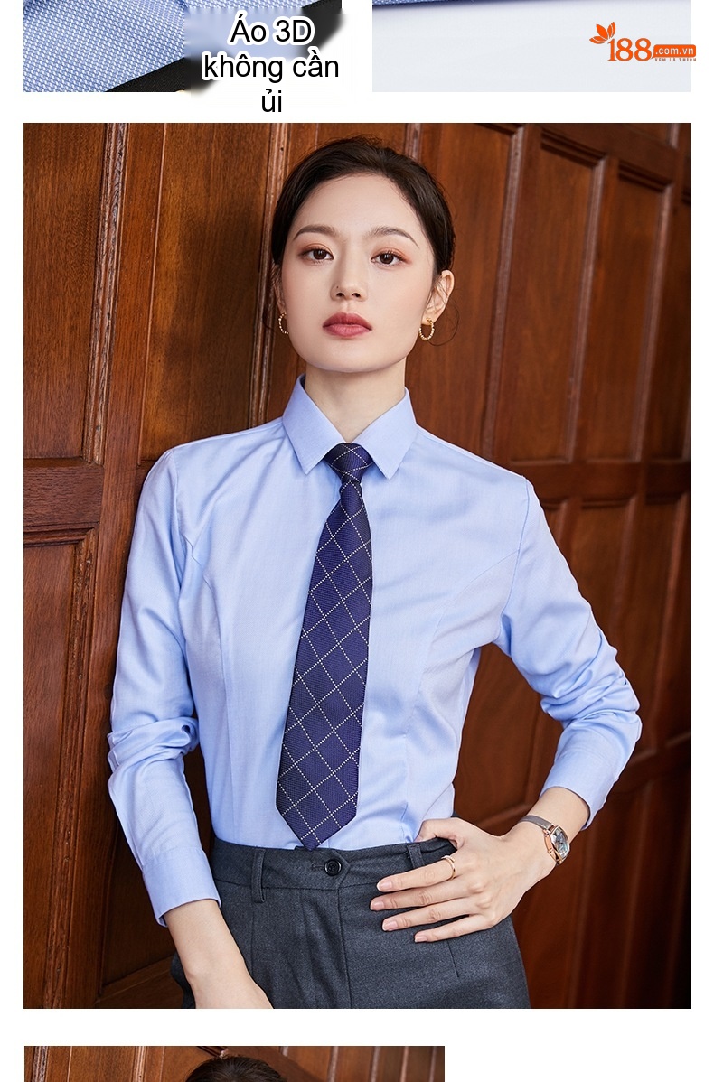 Áo Sơ Mi Dài Tay Nam Nữ Cotton Chống Nhăn Thêu Logo Màu Xanh Lam chi tiết 25