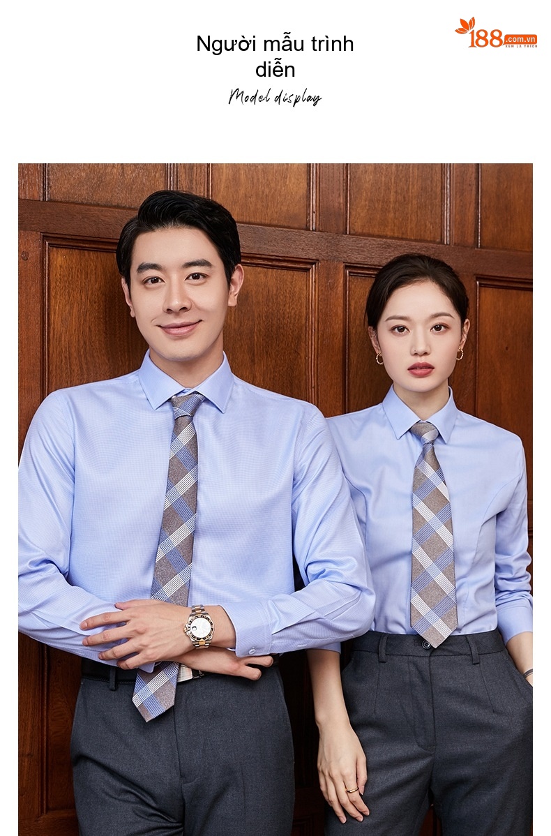Áo Sơ Mi Dài Tay Nam Nữ Cotton Chống Nhăn Thêu Logo Màu Xanh Lam chi tiết 21
