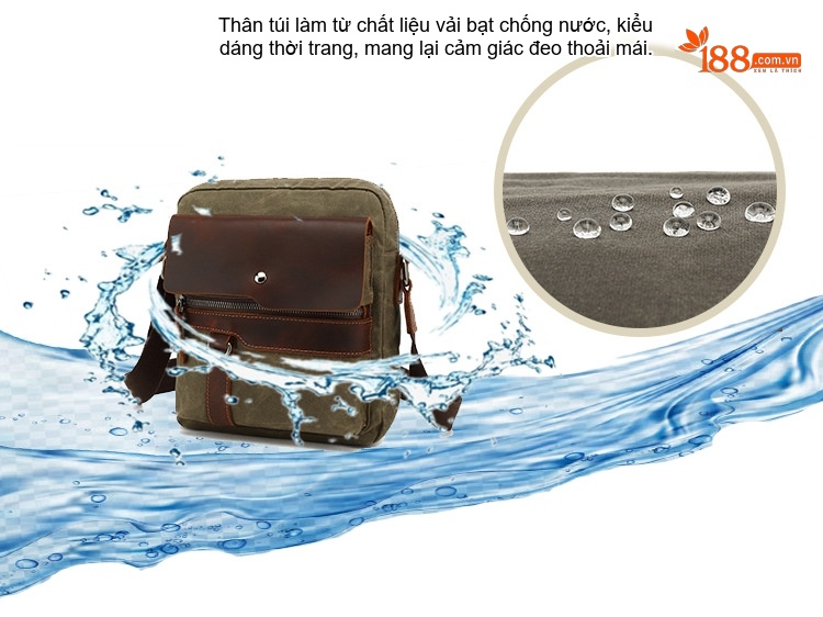 Túi Đeo Vai Vải Canvas Nam Nắp Da Túi Đựng Máy Ảnh Đeo Chéo Ngực Bụng Màu Nâu, Xanh Rêu chi tiết 3