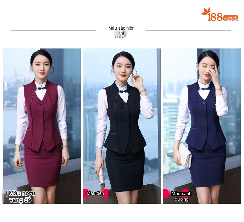 Bộ Vest Công Sở Nữ Lễ Tân Khách Sạn, Quần Áo Đồng Phục Nhân Viên Spa Màu Đen, Đỏ Đô, Xanh Navy... chi tiết 8