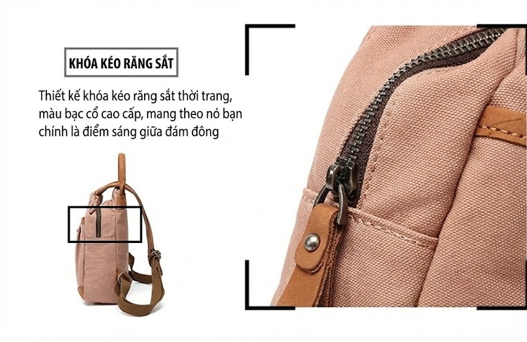 Balo Nữ Vải Canvas Chống Nước Quai Da Thật Màu Hồng, Kem, Nâu, Xám chi tiết 14