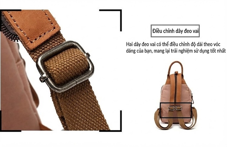 Balo Nữ Vải Canvas Chống Nước Quai Da Thật Màu Hồng, Kem, Nâu, Xám chi tiết 13