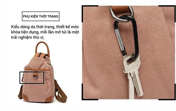 Balo Nữ Vải Canvas Chống Nước Quai Da Thật Màu Hồng, Kem, Nâu, Xám chi tiết 12