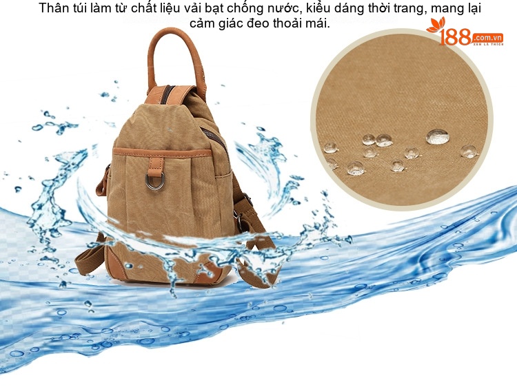 Balo Nữ Vải Canvas Chống Nước Quai Da Thật Màu Hồng, Kem, Nâu, Xám chi tiết 2