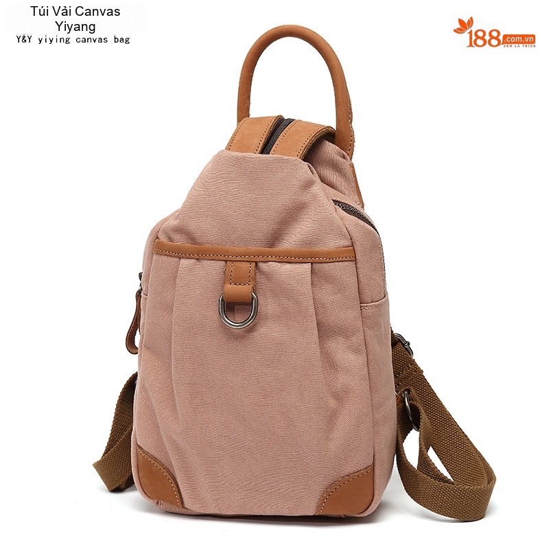 Balo Nữ Vải Canvas Chống Nước Quai Da Thật Màu Hồng, Kem, Nâu, Xám