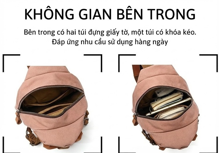 Balo Nữ Vải Canvas Chống Nước Quai Da Thật Màu Hồng, Kem, Nâu, Xám chi tiết 15