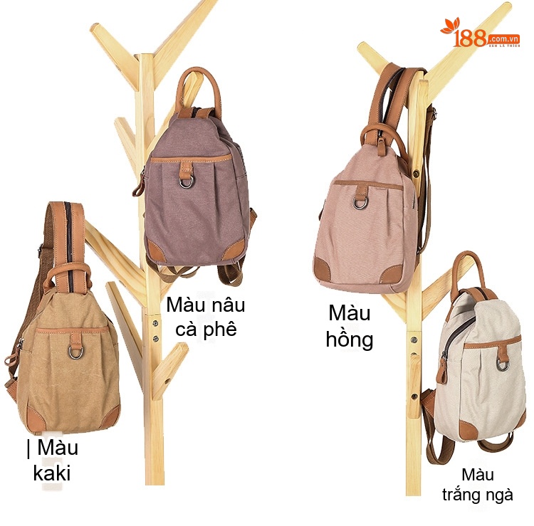 Balo Nữ Vải Canvas Chống Nước Quai Da Thật Màu Hồng, Kem, Nâu, Xám chi tiết 6