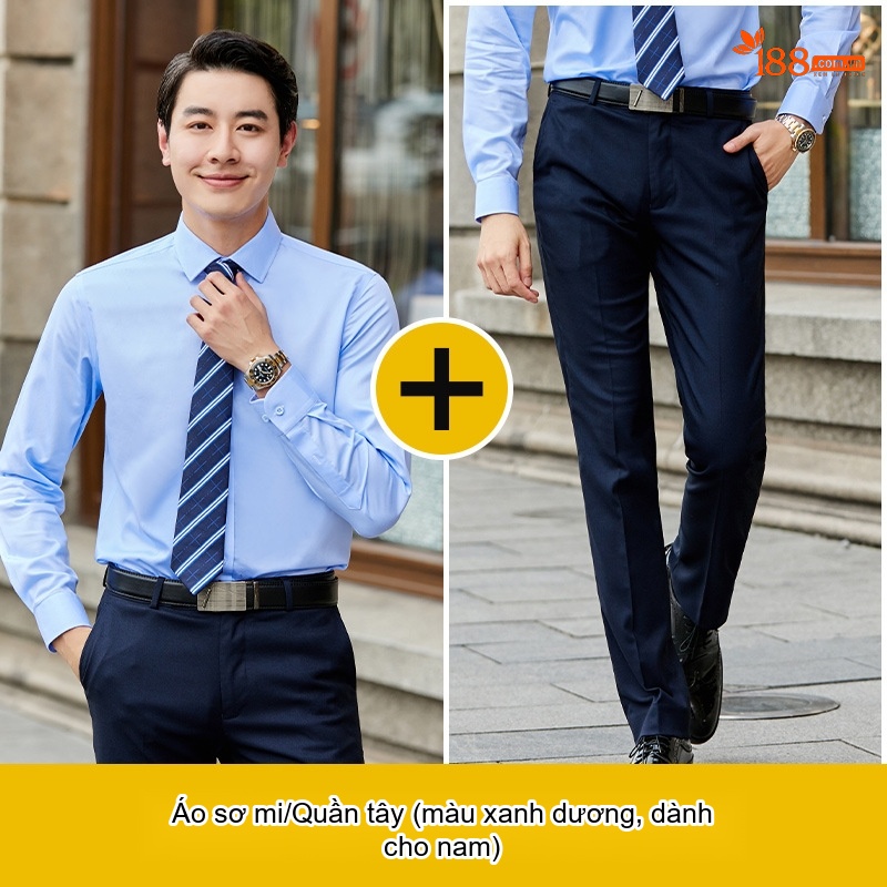 Áo Sơ Mi Dài Tay Nam/Nữ Cotton Chống Nhăn Sọc Caro Công Sở Màu Xanh Dương