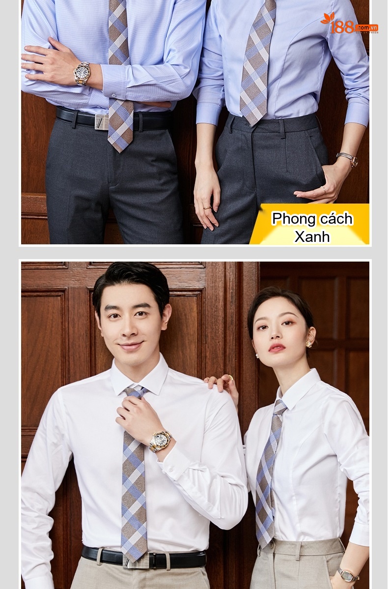 Áo Sơ Mi Dài Tay Nam Nữ Cotton Chống Nhăn Thêu Logo Màu Xanh Lam chi tiết 19
