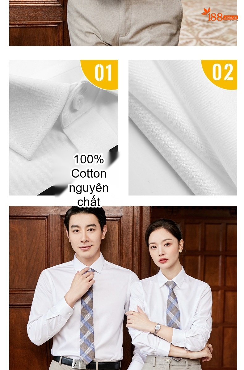 Áo Sơ Mi Dài Tay Nam Nữ Cotton Chống Nhăn Thêu Logo Màu Xanh Lam chi tiết 36