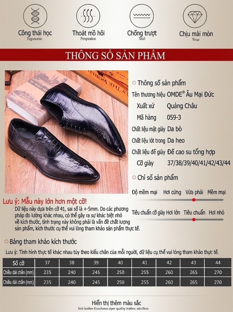 Giày Tây Buộc Dây Nam Da Bóng Dập Vân Cá Sấu Chiều Cao Đế Khoảng 3cm Màu Đen, Xanh Navy chi tiết 2