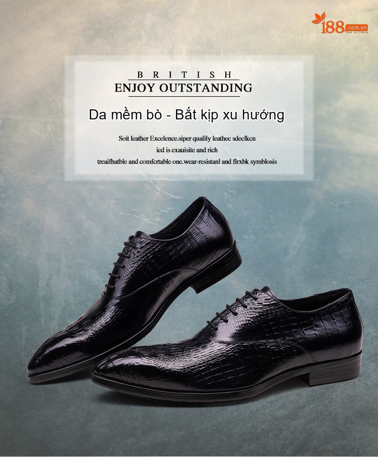 Giày Tây Buộc Dây Nam Da Bóng Dập Vân Cá Sấu Chiều Cao Đế Khoảng 3cm Màu Đen, Xanh Navy chi tiết 1