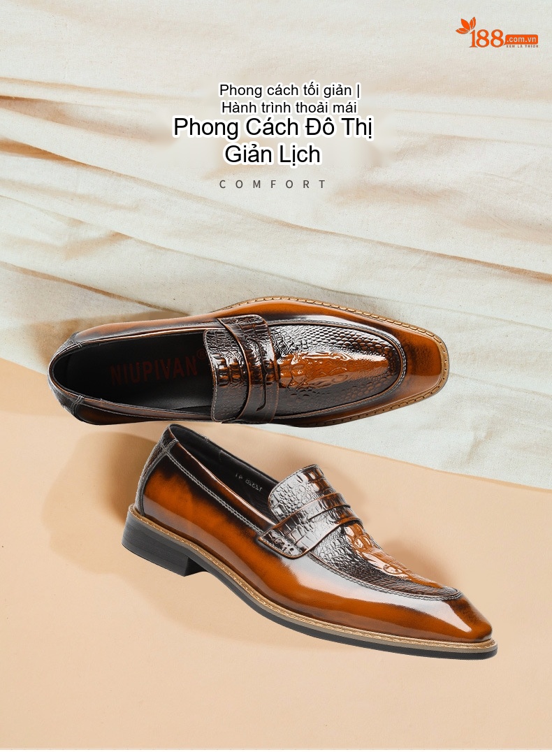Giày Lười Nam Da Bóng Dập Vân Chiều Cao Đế Khoảng 3cm Màu Nâu, Đen chi tiết 1