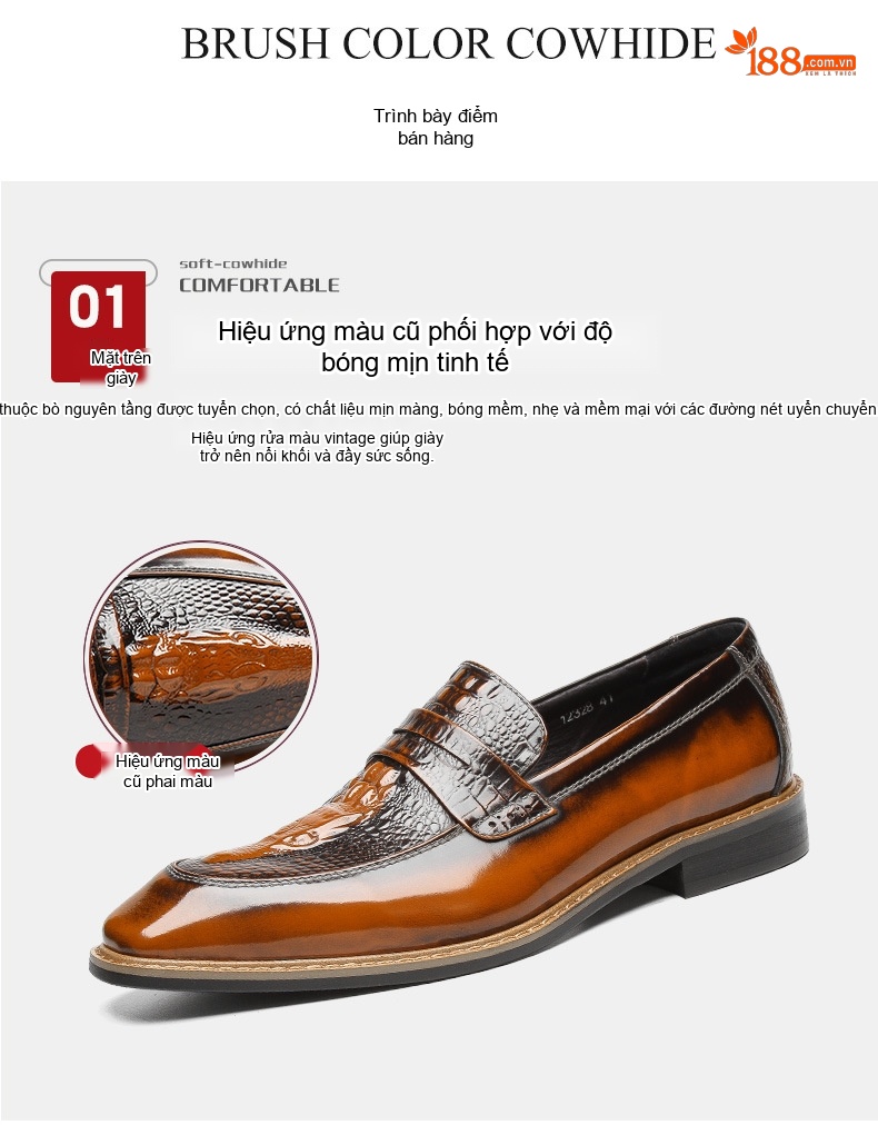 Giày Lười Nam Da Bóng Dập Vân Chiều Cao Đế Khoảng 3cm Màu Nâu, Đen chi tiết 2