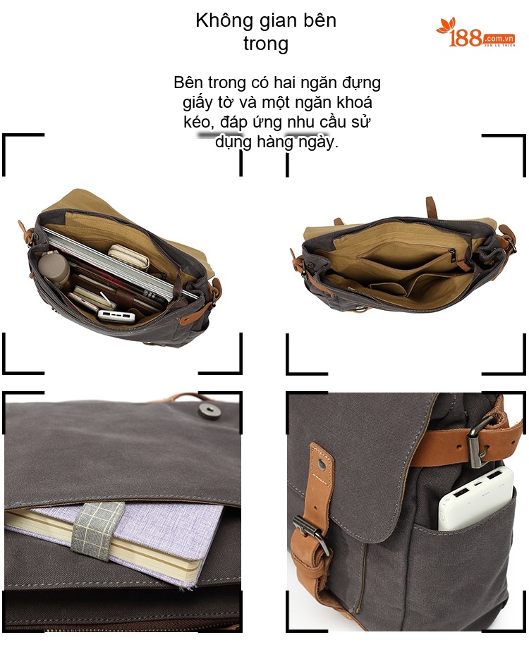 Túi Đeo Chéo Nam Vải Canvas Đa Năng Phong Cách Hàn Quốc Màu Xám, Xanh Lá, Nâu, Đen... chi tiết 14