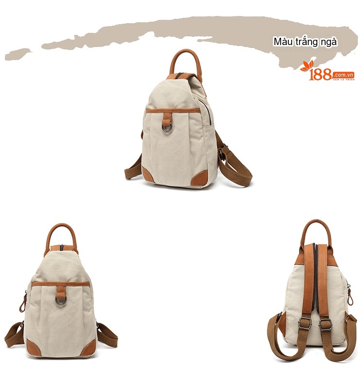 Balo Nữ Vải Canvas Chống Nước Quai Da Thật Màu Hồng, Kem, Nâu, Xám chi tiết 9