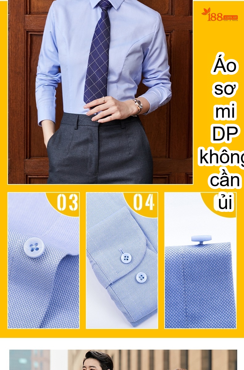 Áo Sơ Mi Dài Tay Nam Nữ Cotton Chống Nhăn Thêu Logo Màu Xanh Lam chi tiết 28