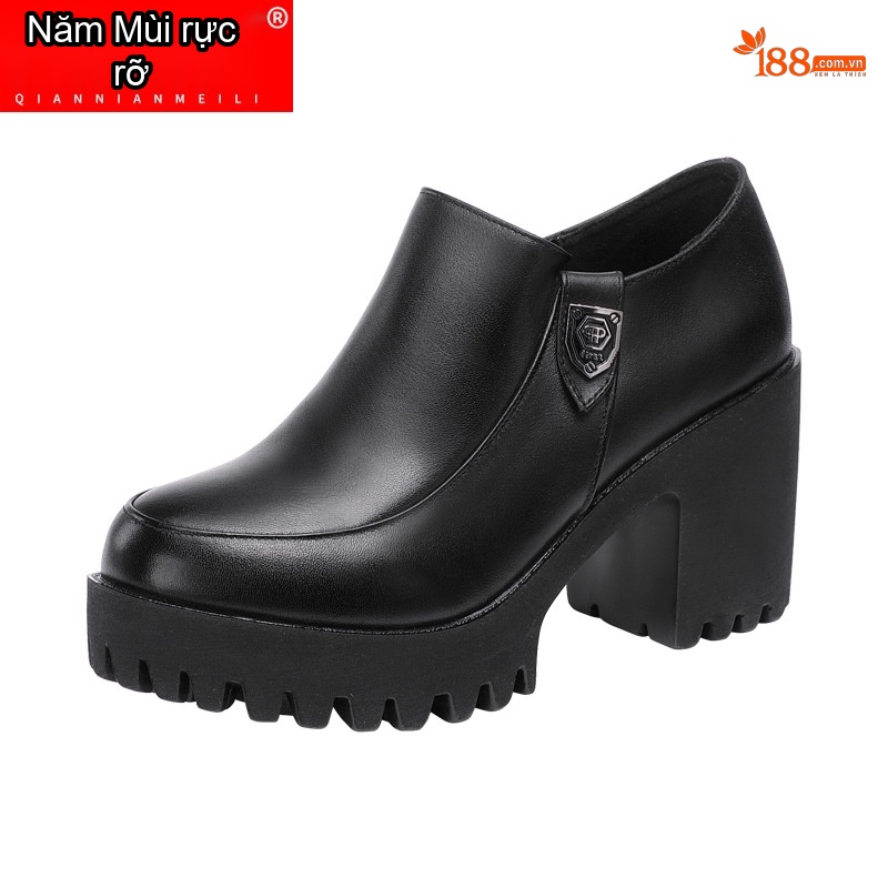 Giày Búp Bê Nữ Da Bóng Đế Xuồng Cao Gót Chiều Cao Đế Khoảng 6cm Màu Đen