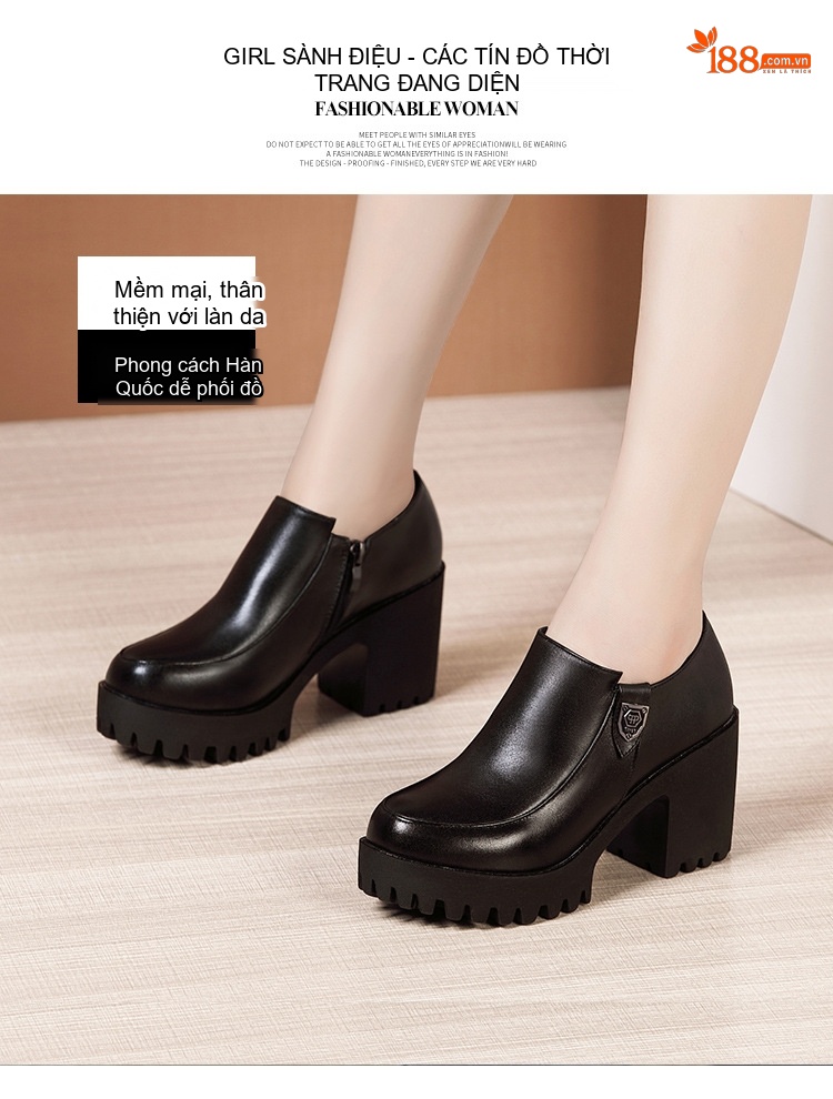 Giày Búp Bê Nữ Da Bóng Đế Xuồng Cao Gót Chiều Cao Đế Khoảng 6cm Màu Đen chi tiết 2