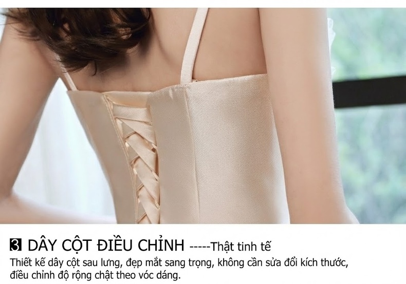 Váy Dạ Hội Nữ Dáng Dài Hai Dây Cổ Yếm Dự Tiệc Sang Trọng Màu Trắng Kem chi tiết 15