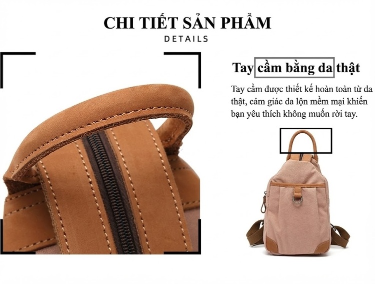 Balo Nữ Vải Canvas Chống Nước Quai Da Thật Màu Hồng, Kem, Nâu, Xám chi tiết 11