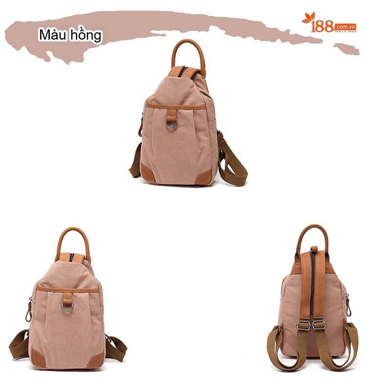 Balo Nữ Vải Canvas Chống Nước Quai Da Thật Màu Hồng, Kem, Nâu, Xám chi tiết 8