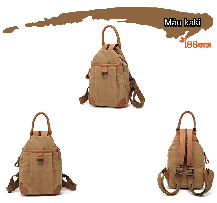 Balo Nữ Vải Canvas Chống Nước Quai Da Thật Màu Hồng, Kem, Nâu, Xám chi tiết 7