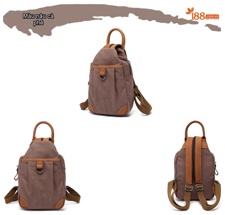 Balo Nữ Vải Canvas Chống Nước Quai Da Thật Màu Hồng, Kem, Nâu, Xám chi tiết 10