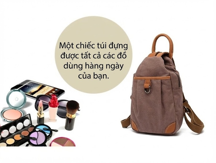 Balo Nữ Vải Canvas Chống Nước Quai Da Thật Màu Hồng, Kem, Nâu, Xám chi tiết 16