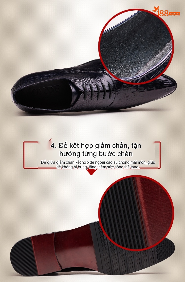 Giày Tây Buộc Dây Nam Da Bóng Dập Vân Cá Sấu Chiều Cao Đế Khoảng 3cm Màu Đen, Xanh Navy chi tiết 4