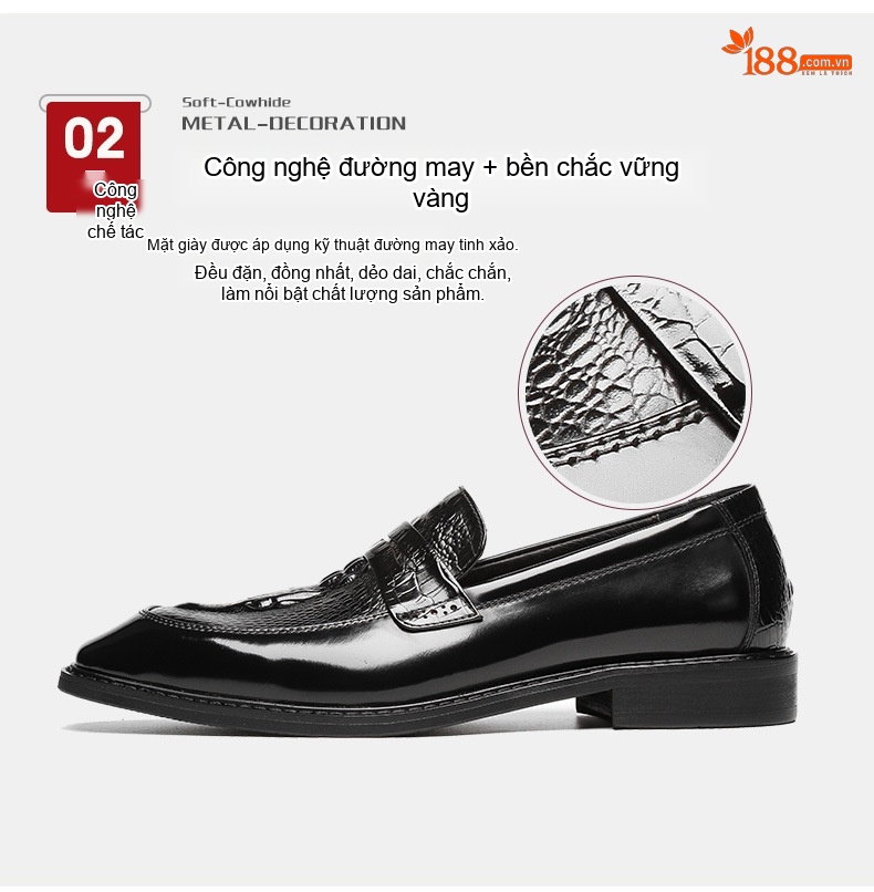 Giày Lười Nam Da Bóng Dập Vân Chiều Cao Đế Khoảng 3cm Màu Nâu, Đen chi tiết 3