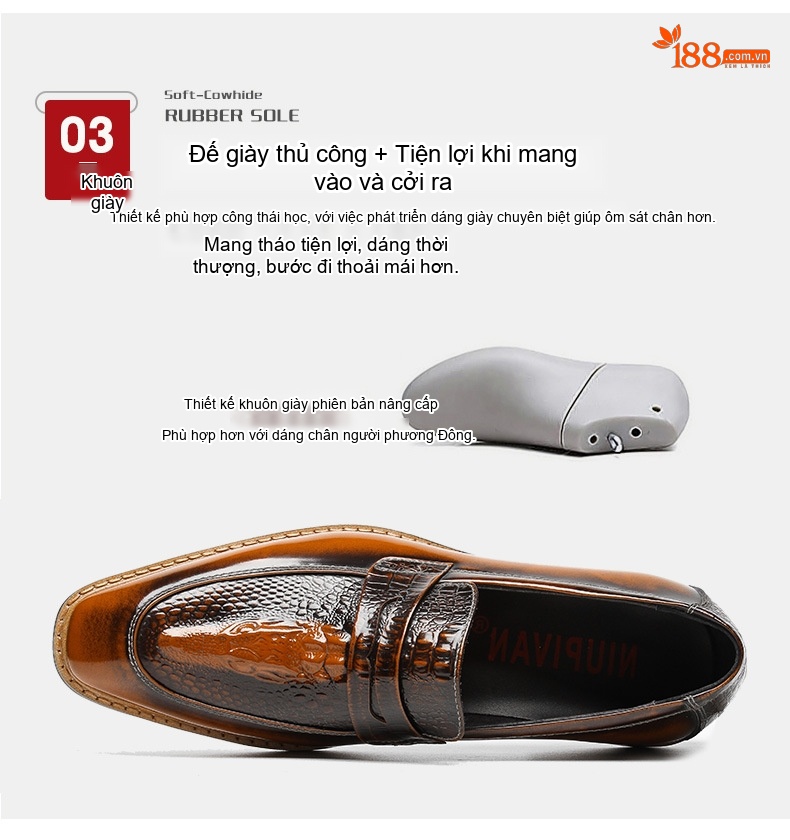 Giày Lười Nam Da Bóng Dập Vân Chiều Cao Đế Khoảng 3cm Màu Nâu, Đen chi tiết 4